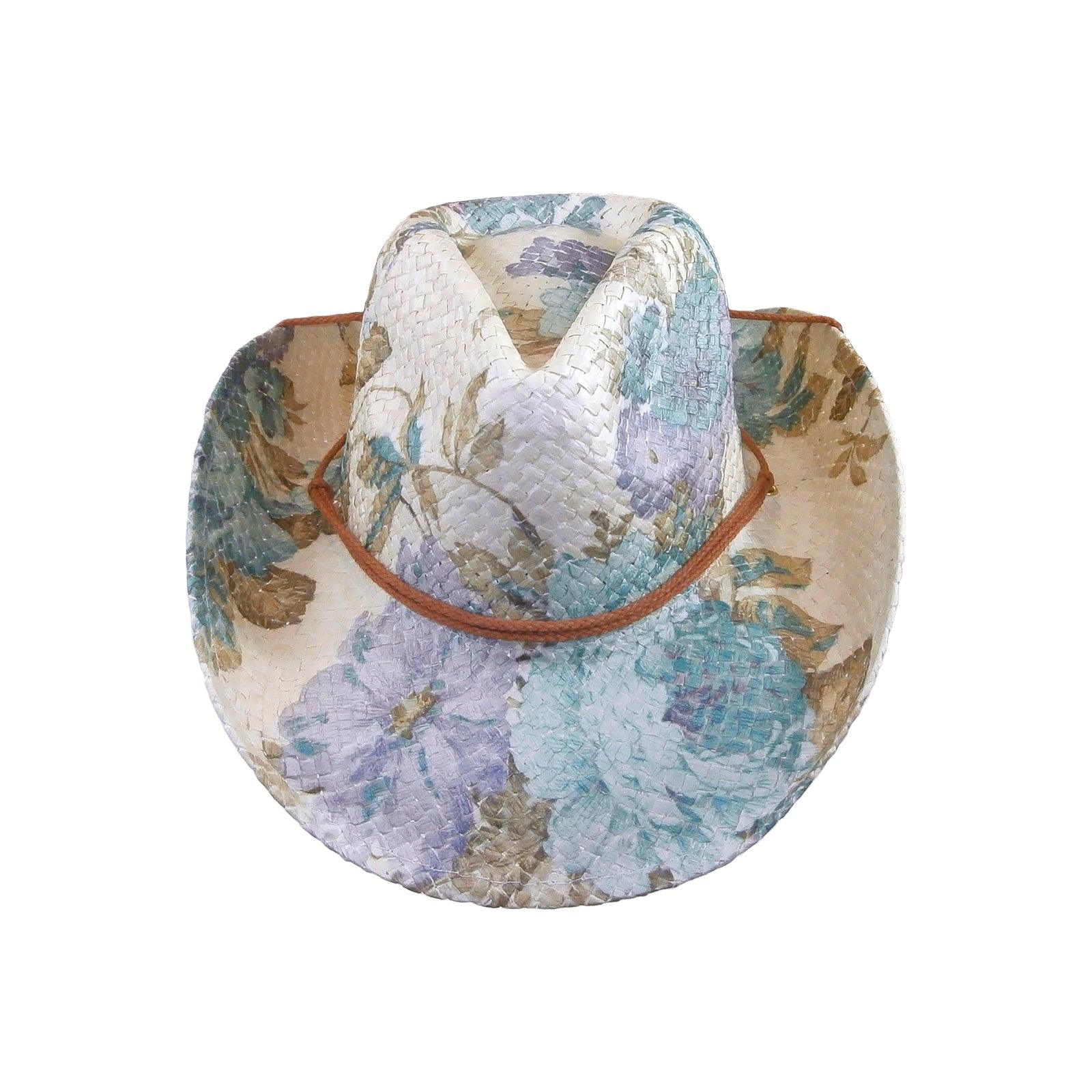 Floral Violet & Green Print Straw Western Cowgirl Hat