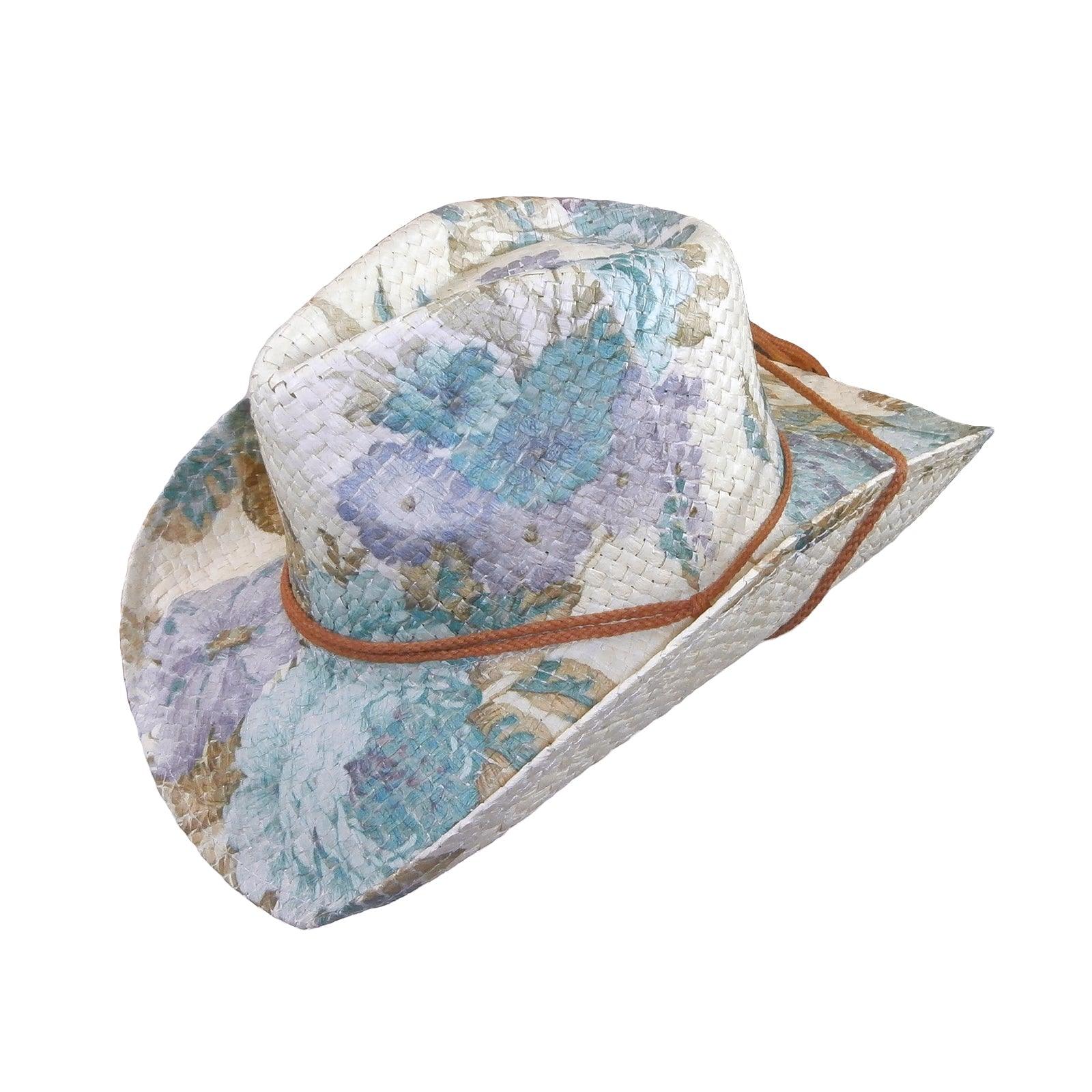 Floral Violet & Green Print Straw Western Cowgirl Hat