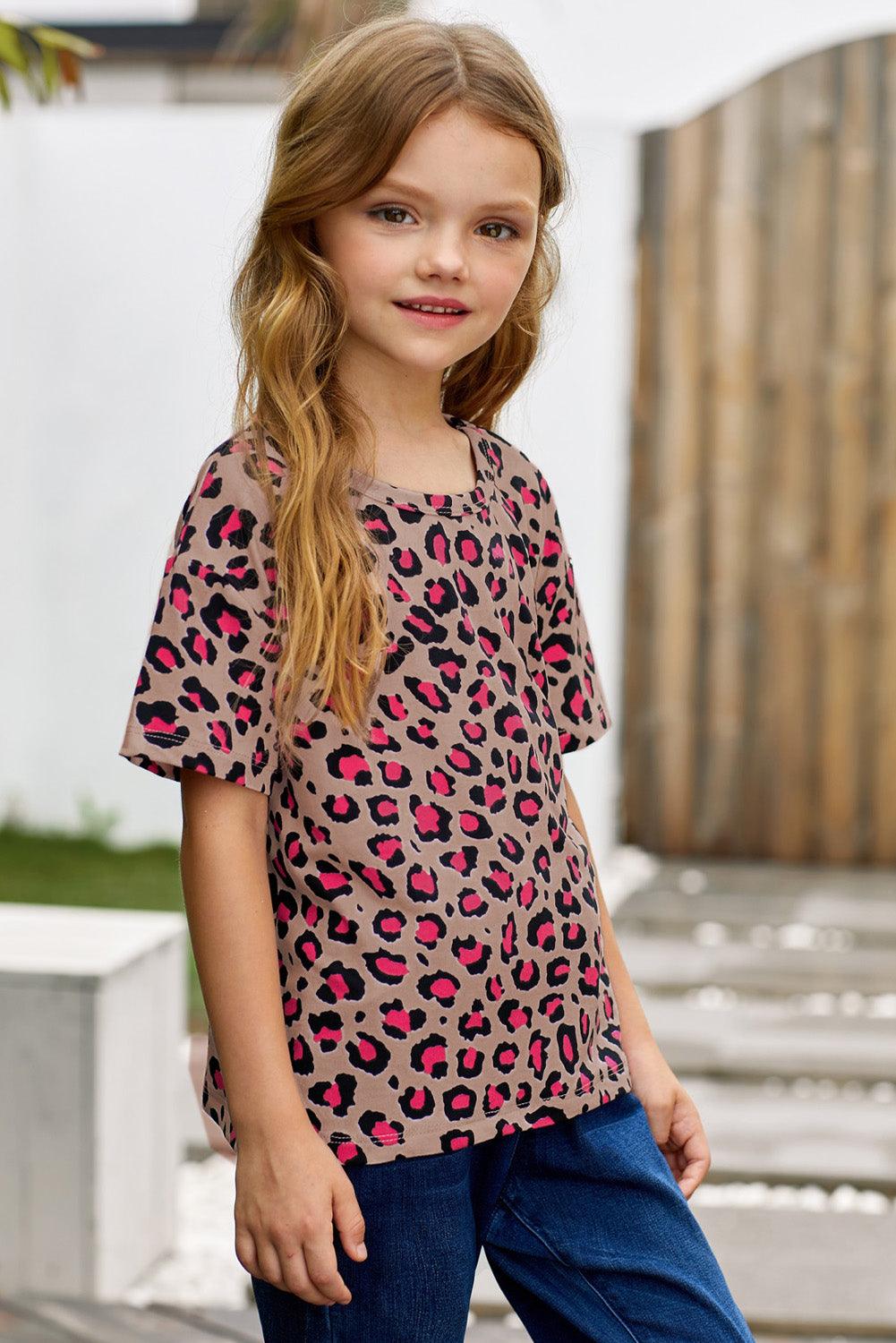 Girls Leopard Dropped Shoulder Tee