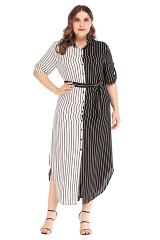 5085#Muslim Striped Summer Large Size Abaya Dress - CHAOMENG MUSLIM SHOP