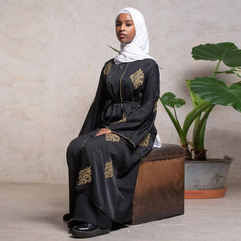 1799#[With hijabs]New Arrivals Arab Fashion Printed Lantern Sleeve Cardigan Robe Muslim Abaya - CHAOMENG MUSLIM SHOP