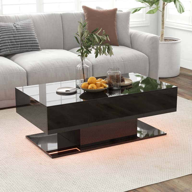 2-Tier 20-Color LED Coffee Table with 2 Drawers, Remote Control, Open Shelf, 43.5