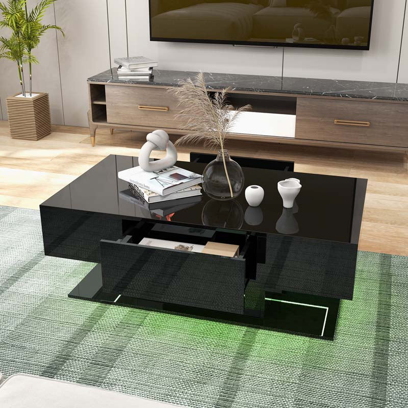 2-Tier 20-Color LED Coffee Table with 2 Drawers, Remote Control, Open Shelf, 43.5