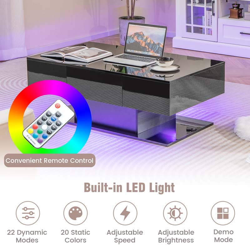 2-Tier 20-Color LED Coffee Table with 2 Drawers, Remote Control, Open Shelf, 43.5