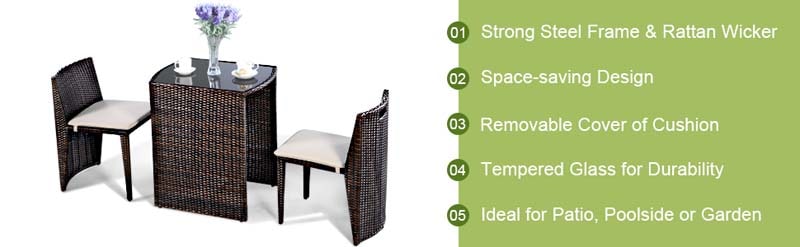 Eletriclife 3 Pcs Wicker Patio Cushioned Outdoor Chair and Table Set