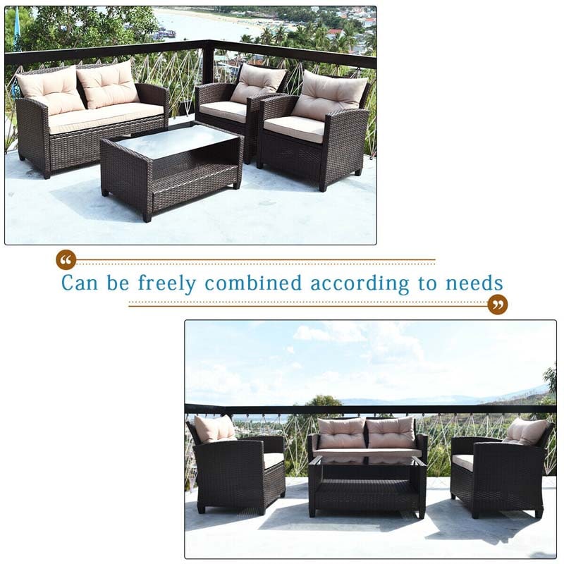 Eletriclife 4 Pcs Rattan Patio Sofa Set with Lower Shelf Tea Table