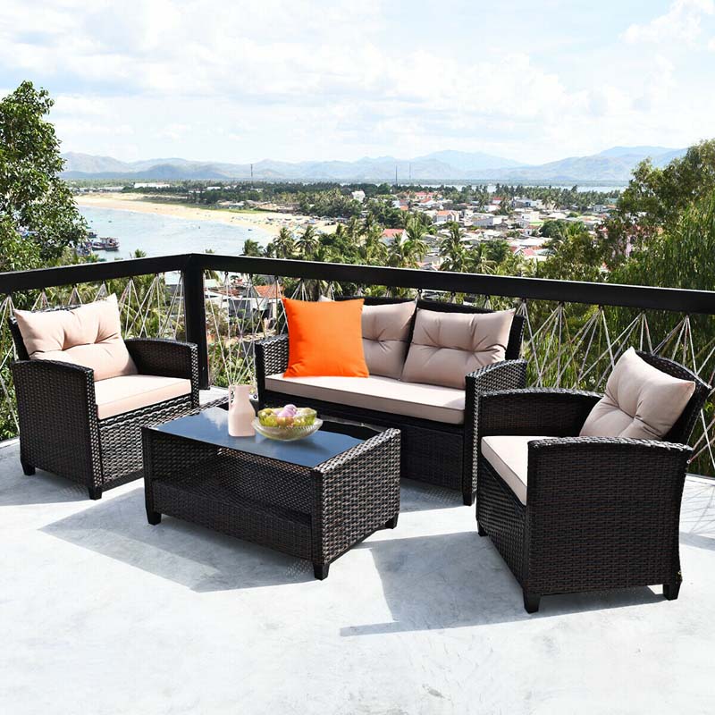 Eletriclife 4 Pcs Rattan Patio Sofa Set with Lower Shelf Tea Table