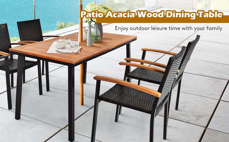 Eletriclife 55 inch Patio Acacia Wood Rattan Dining Table with Umbrella Hole