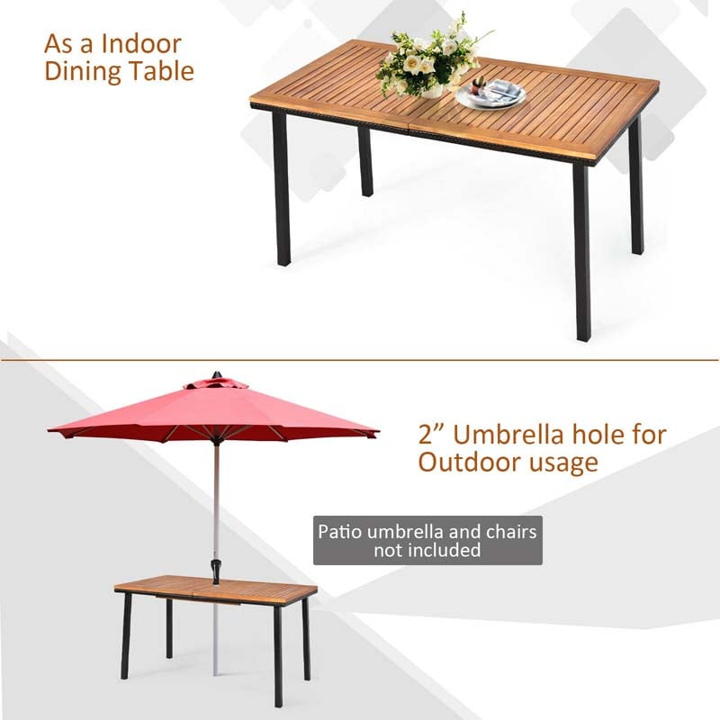 Eletriclife 55 inch Patio Acacia Wood Rattan Dining Table with Umbrella Hole