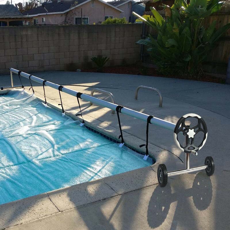 18 FT Solar Pool Cover Reel Set with Hand Crank & Wheels, Aluminum Solar Swimming Inground Cover Blanket Reel Roller