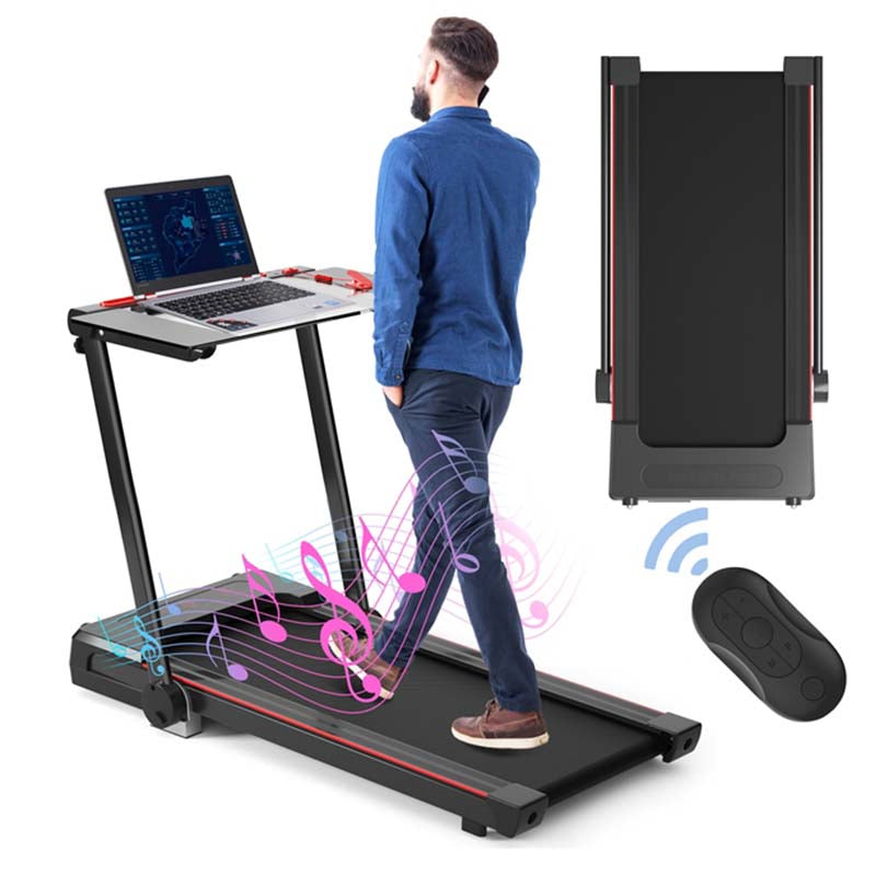 3-in-1 Folding Treadmill with Large Desk, 2.25HP Under Desk Treadmill, Workout Running Machine for Home Gym Office with LCD Speakers