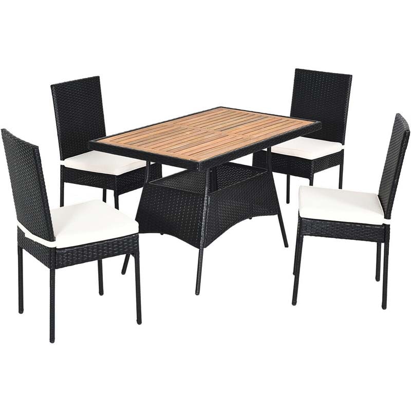 5 Pcs Rattan Outdoor Patio Dining Set with Acacia Wood Tabletop & 4 Cushioned Chairs