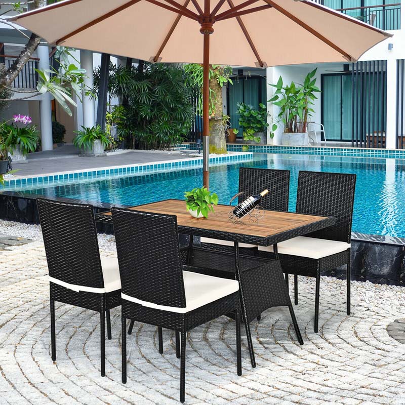 5 Pcs Rattan Outdoor Patio Dining Set with Acacia Wood Tabletop & 4 Cushioned Chairs