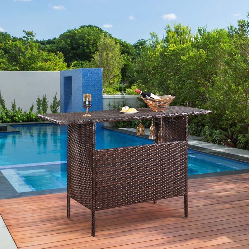 Rattan Wicker Outdoor Patio Bar Counter Table with 2-Row Goblet Holders & 2 Storage Shelves