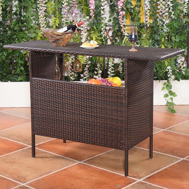 Rattan Wicker Outdoor Patio Bar Counter Table with 2-Row Goblet Holders & 2 Storage Shelves