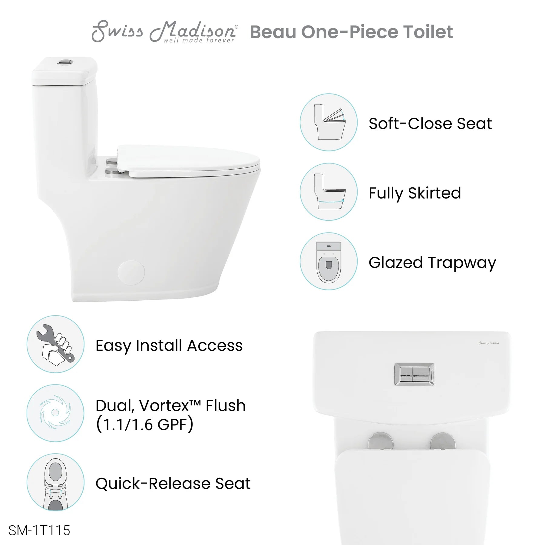 Swiss Madison Beau ?One-Piece Elongated Toilet Vortex? Dual-Flush 1.1/1.6 gpf - SM-1T115