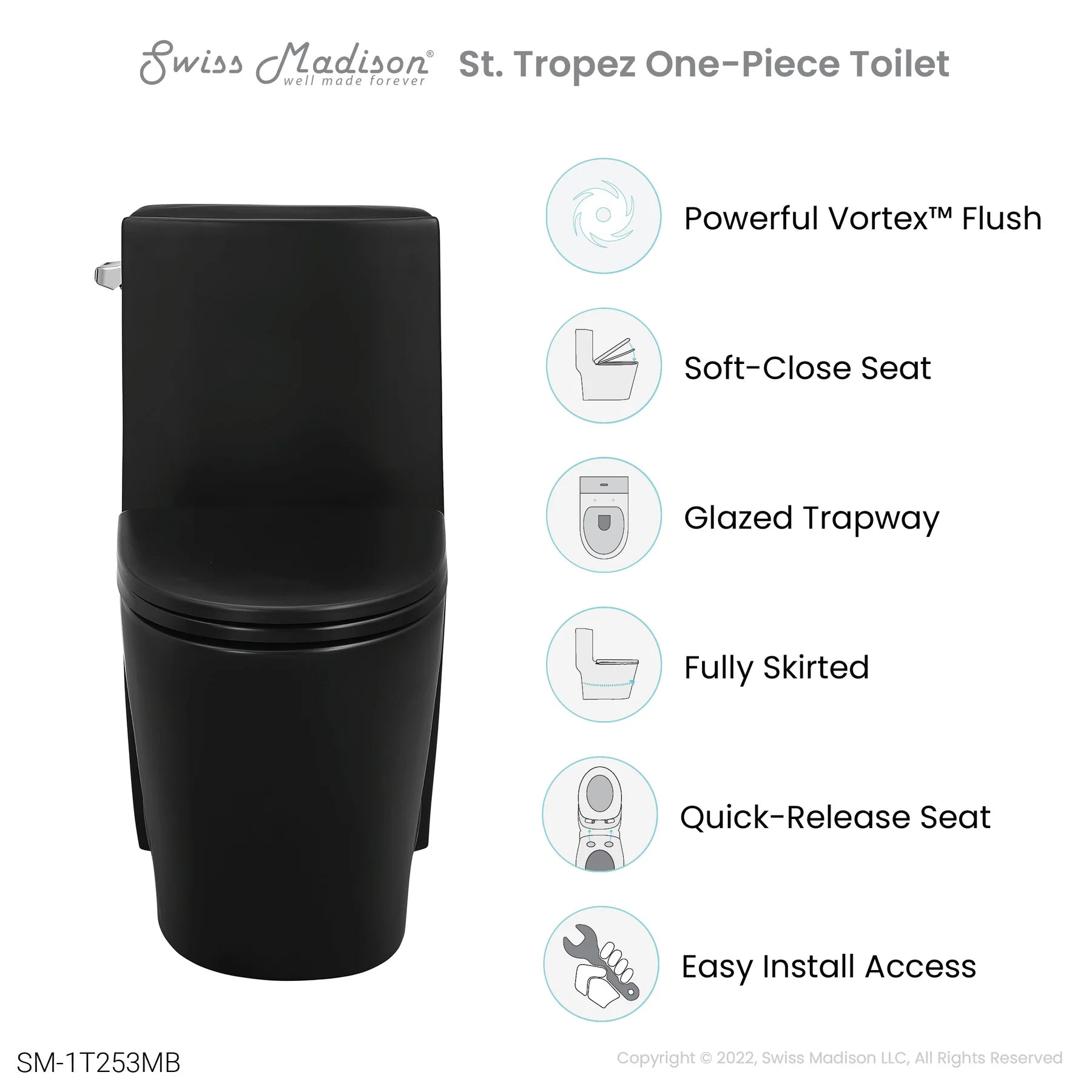 Swiss Madison St. Tropez One-Piece Elongated Toilet Vortex? Side Flush 1.28 gpf in Matte Black - SM-1T253MB