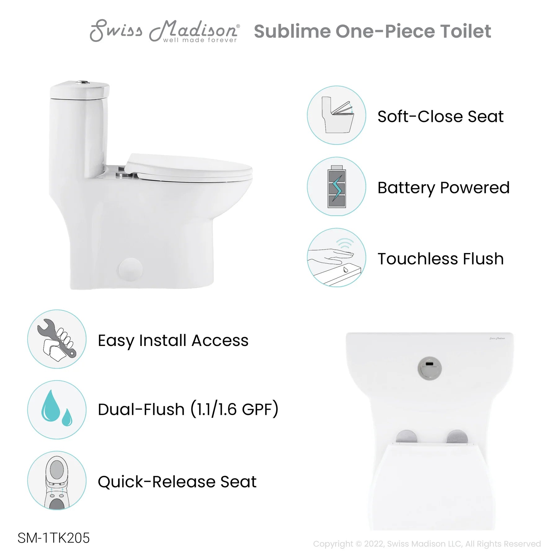 Swiss Madison Sublime One Piece Elongated Toilet with Touchless Retrofit Dual Flush 1.1/1.6 gpf ?- SM-1TK205