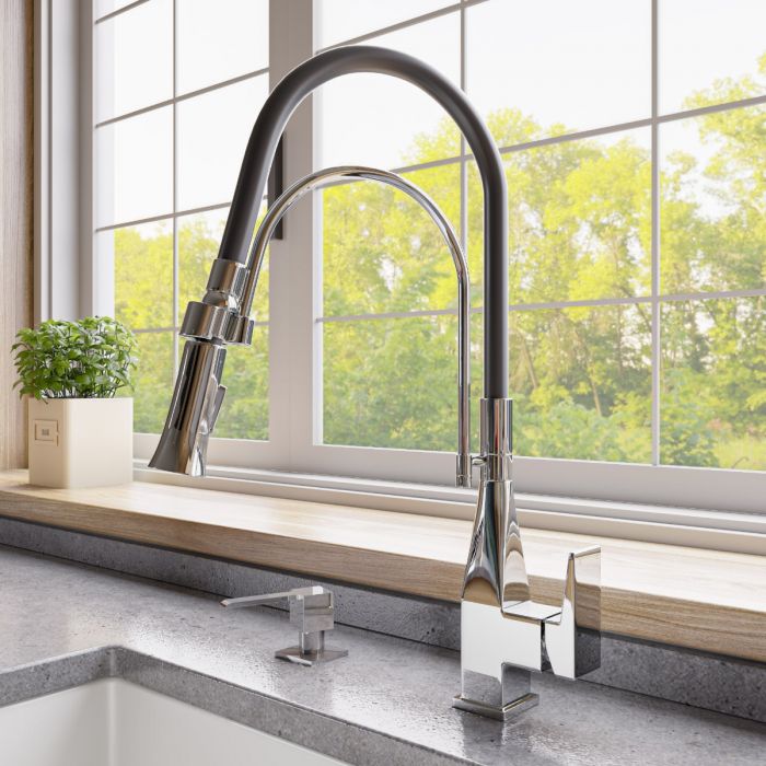 ALFI Square Kitchen Faucet with Black Rubber Stem - ABKF3023