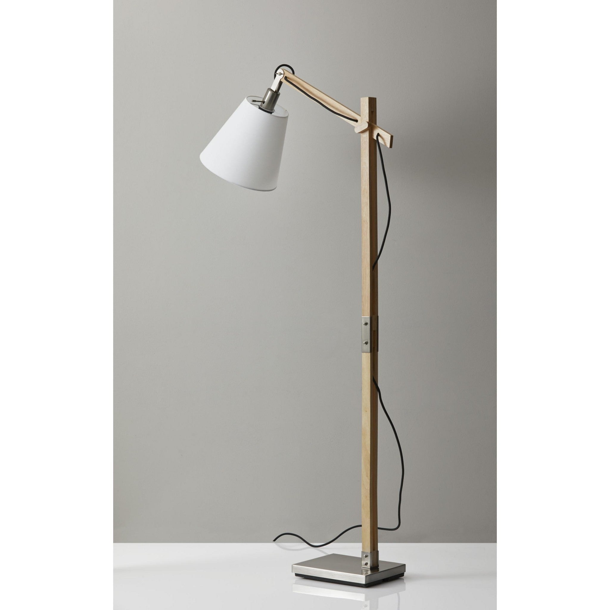 Natural Wood Floor Lamp with Adjustable Hinged Arm