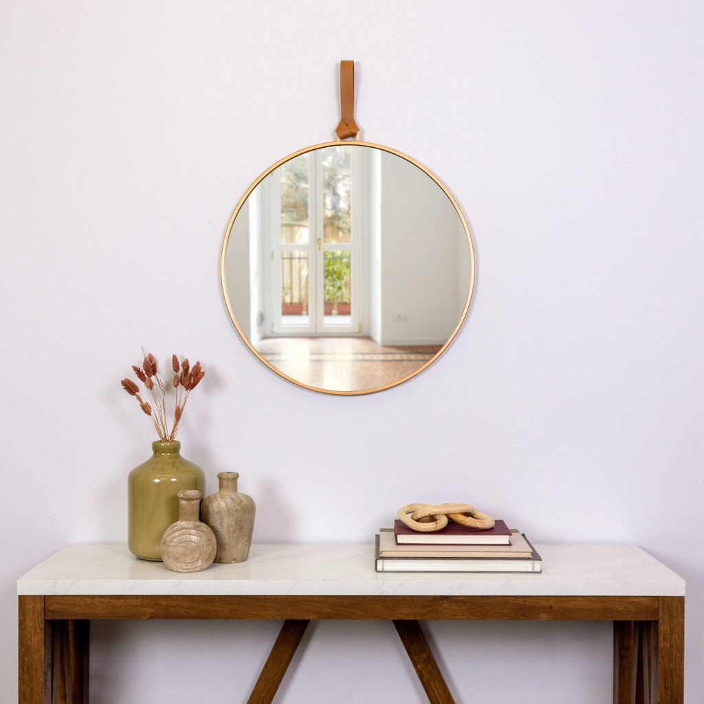 Minimalist Gold Round Mirror with Leather Strap