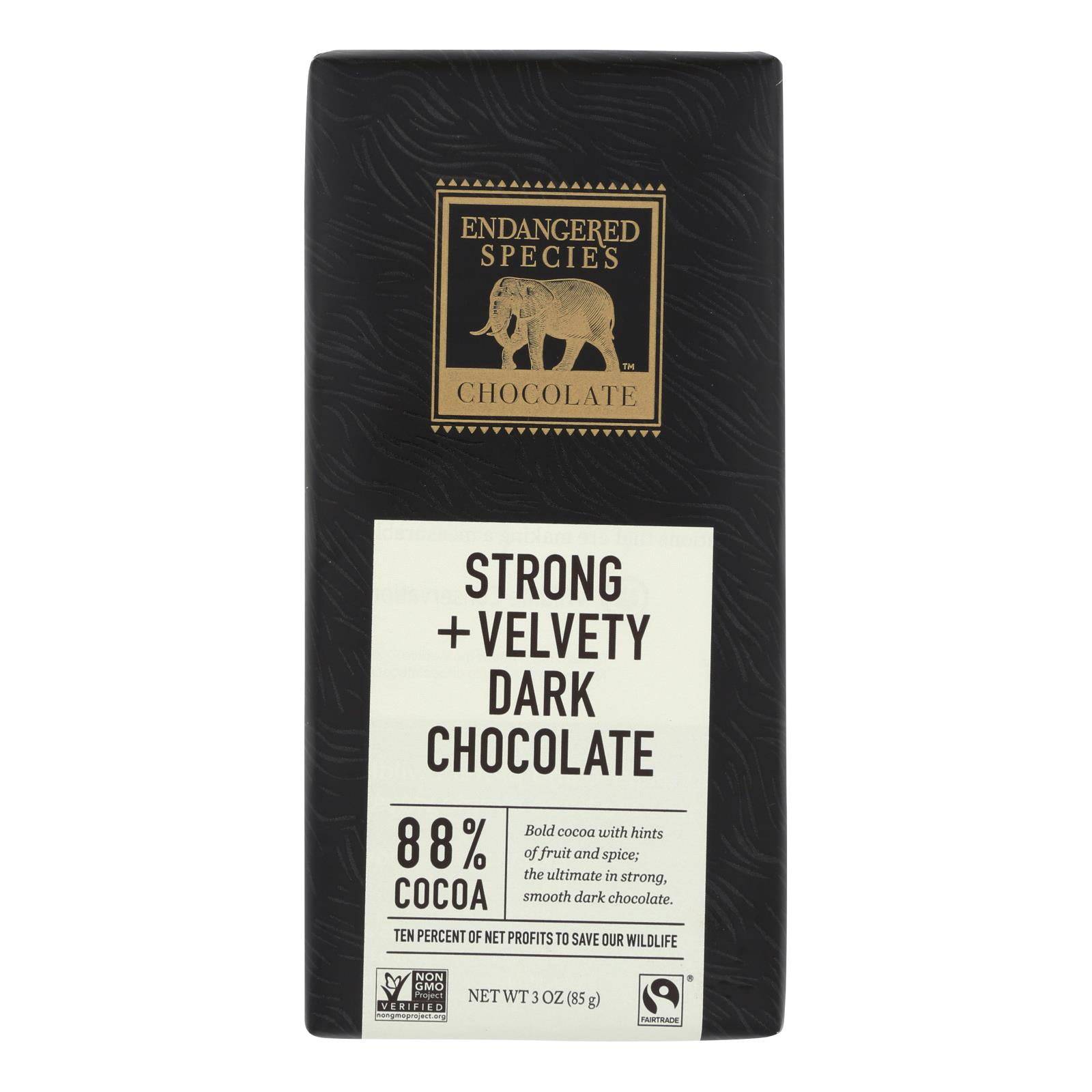 Endangered Species Natural Chocolate Bars - Dark Chocolate - 88 Percent Cocoa - 3 Oz Bars - Case Of 12