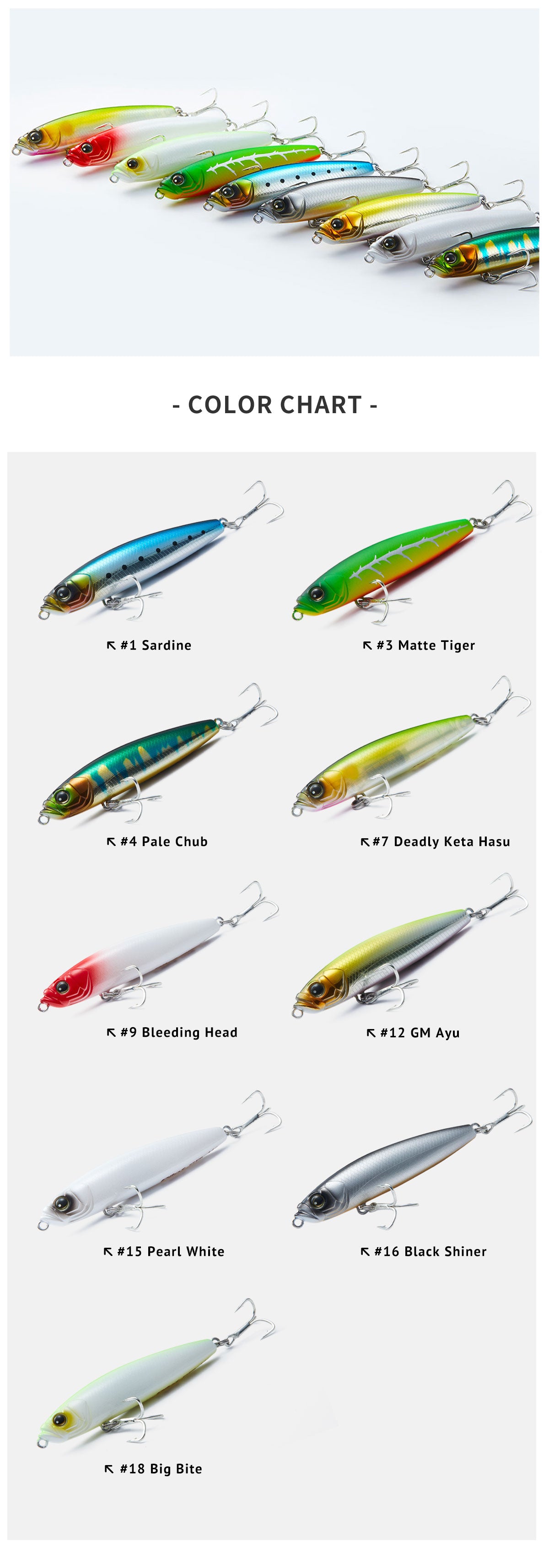 “EOA pilot sinking pencil bait color chart
