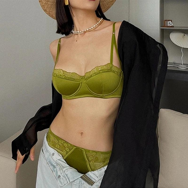 New Lace Snowflake Embroidery Bra Set Charming 1/2 Thin Cup Women Underwear Summer Green Push Up Brassiere and Panties Set Lingerie