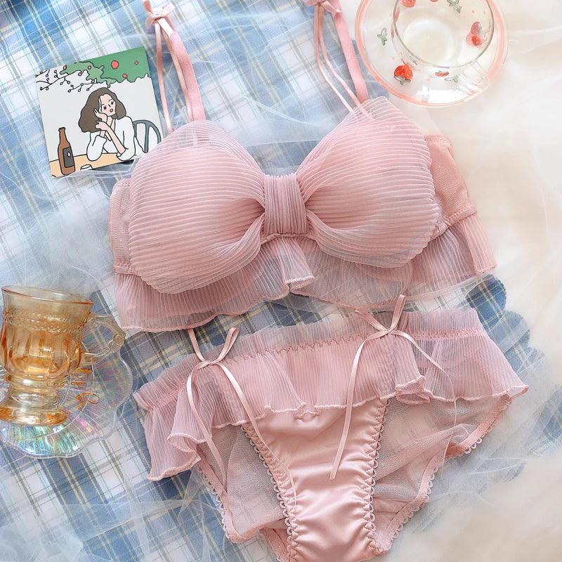 New Women Underwear Charming Mesh Lace Wire Free Push Up Bra Set Pink Big Bow Girl Bralette 1/2 Cup Small Chest Gather Brassiere Jap