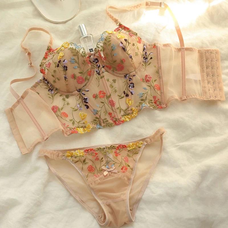 New Lace Camisole Ultra Thin Underwear Charming Lace Embroidery Push Up Bra Set Women Romantic Flowers Body Shaper Tops and Panties