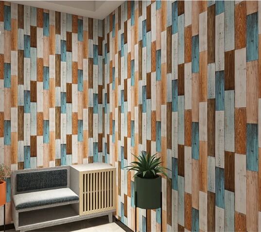 wood grain wallpaper in laundry room