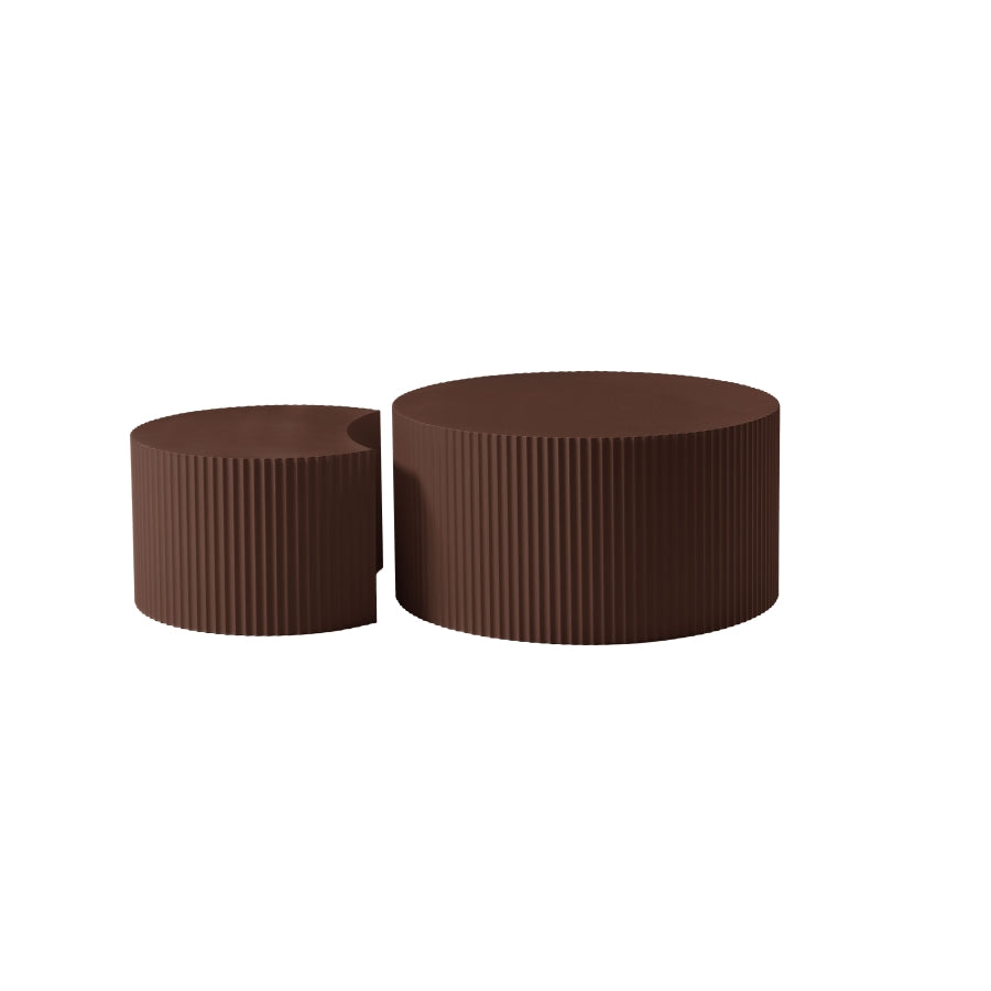 ZNTS Handcrafted Relief MDF Nesting Table Set of 2, Round and Half Moon Shapes, Brown, No Need Assembly W87677004