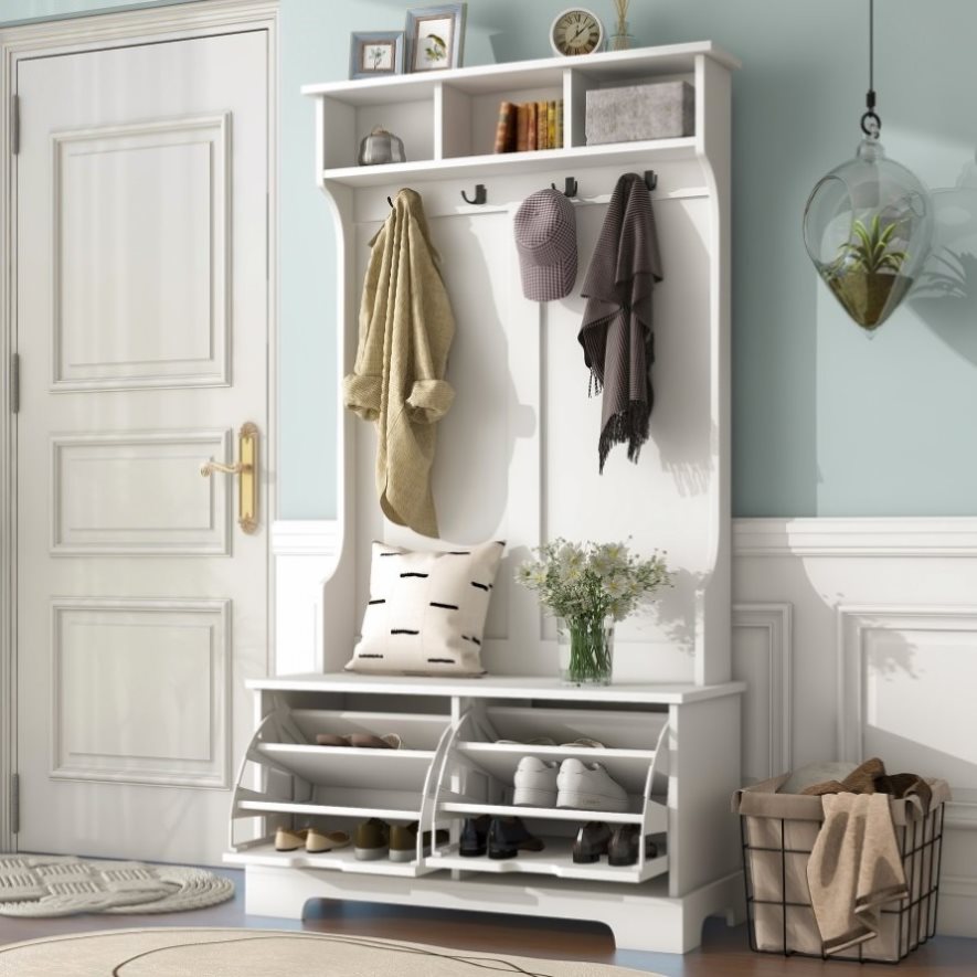 ZNTS ON-TREND All in One Hall Tree with 3 Top Shelves and 2 Flip Shoe Storage Drawers, WF300971AAK