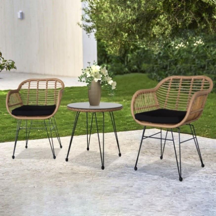 ZNTS Oshion 3 pcs Wicker Rattan Patio Conversation Set with Tempered Glass Table Flaxen Yellow 36303696