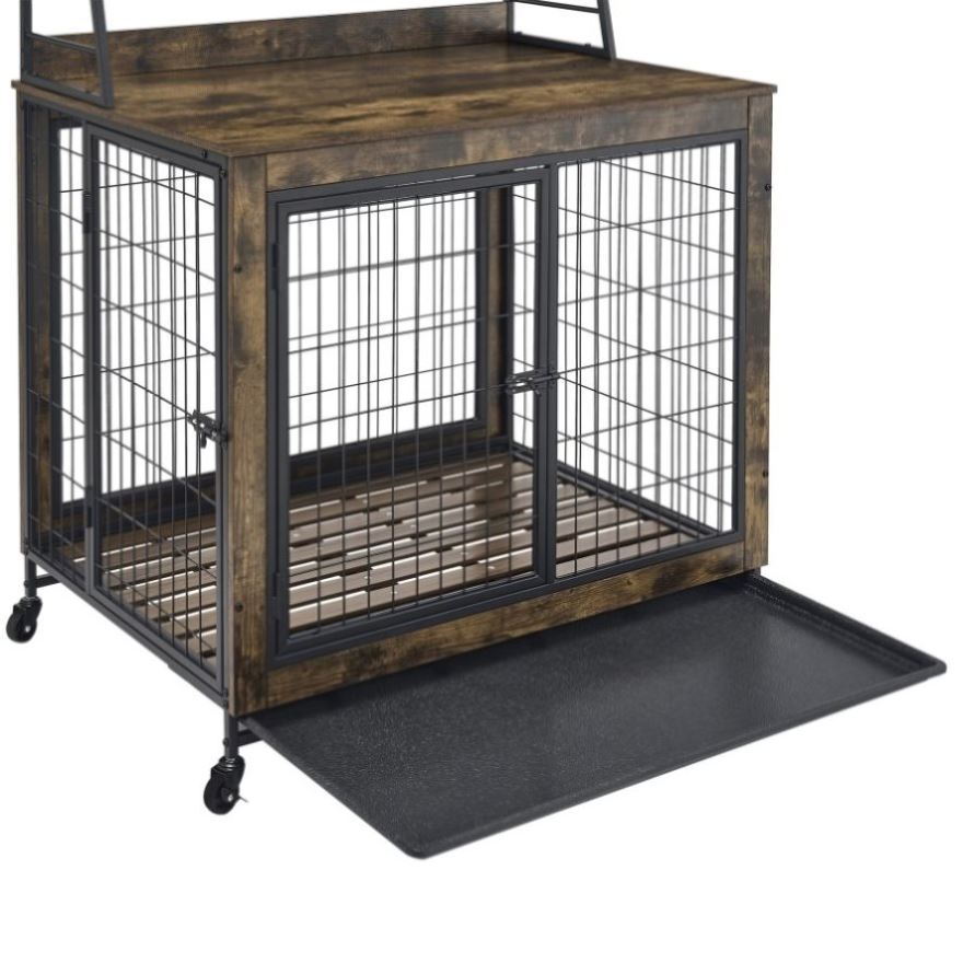 ZNTS Furniture type dog cage iron frame door with cabinet, two door design, Rustic W1903P151284