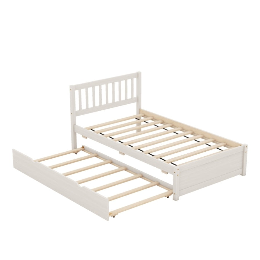 ZNTS Wooden Twin Size Platform Bed Frame with Trundle for White Washed Color W697121854