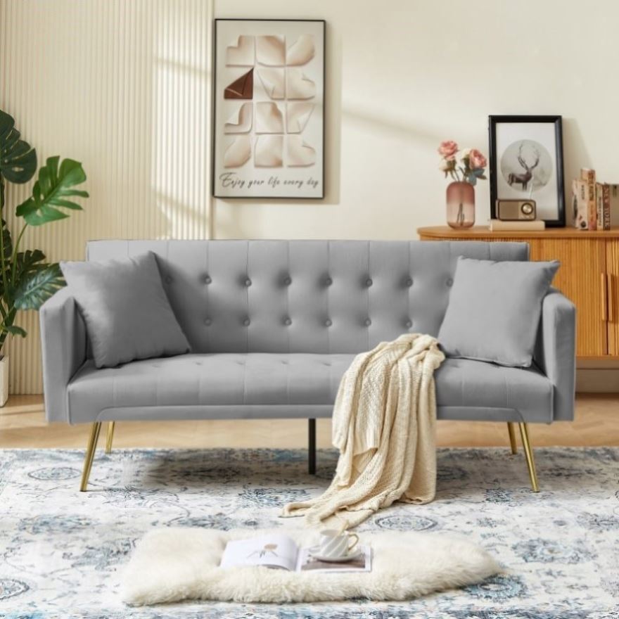 ZNTS Morden Velvet Futon Sofa Bed for Living Room, Convertible 3 Adjustable Couch Loveseat with Metal Leg W2272140817