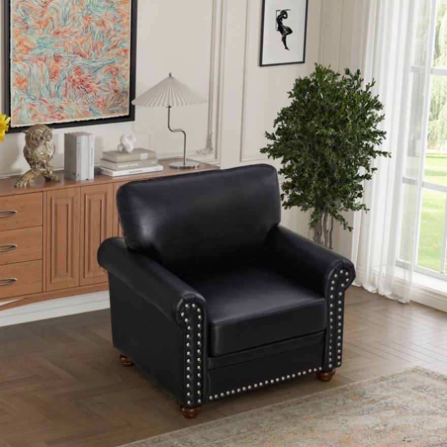 ZNTS Living Room Sofa Single Seat Chair with Wood Leg Black Faux Leather W1097125450