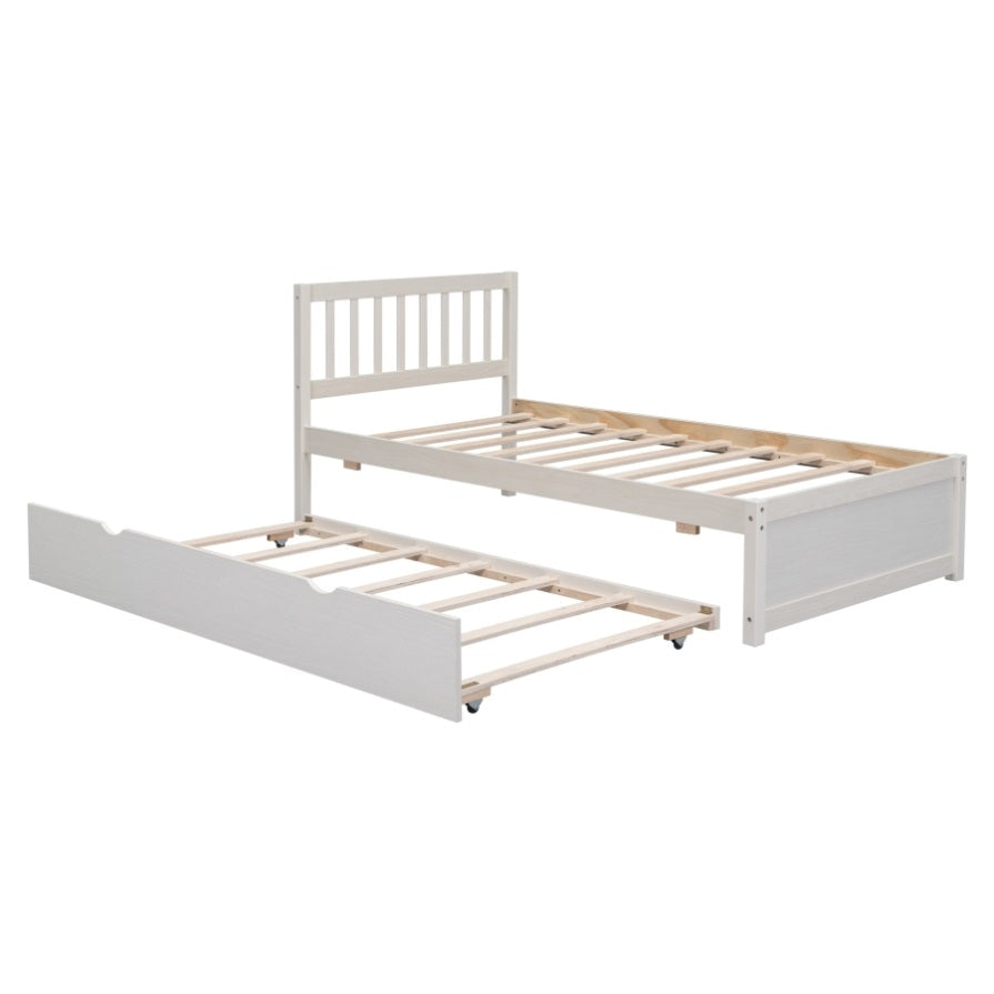 ZNTS Wooden Twin Size Platform Bed Frame with Trundle for White Washed Color W697121854