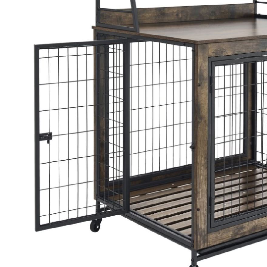 ZNTS Furniture type dog cage iron frame door with cabinet, two door design, Rustic W1903P151284