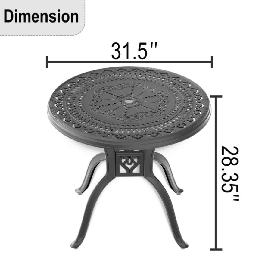 ZNTS ?31.50-inch Cast Aluminum Patio Dining Table with Black Frame and Umbrella Hole W1710120502