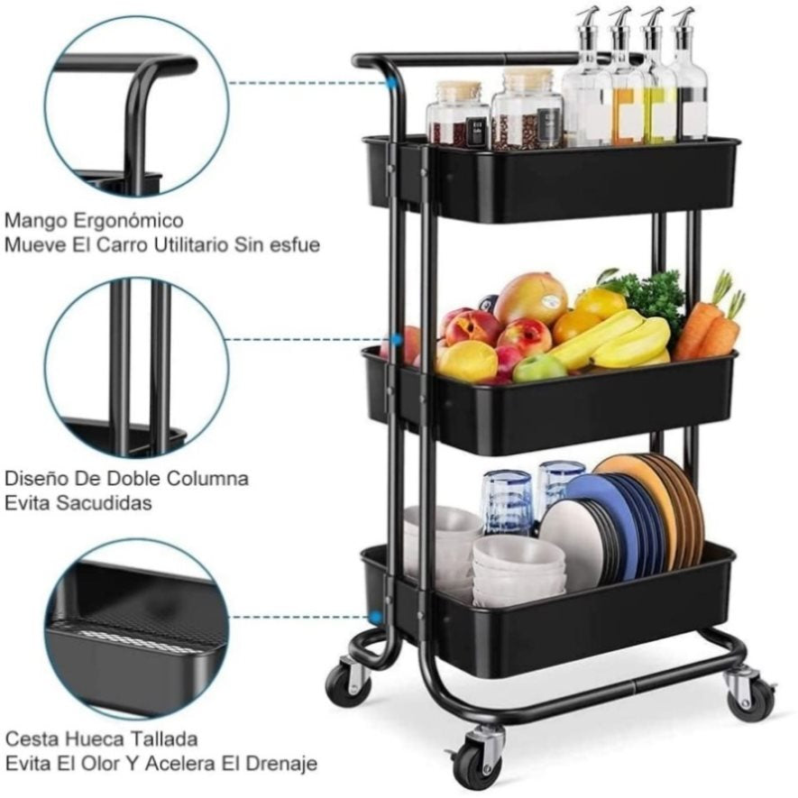 ZNTS Three-layer mesh utility cart, rolling cart with handle and lockable wheel, multi-function storage 22441787