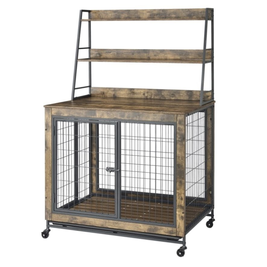 ZNTS Furniture type dog cage iron frame door with cabinet, two door design, Rustic W1903P151284