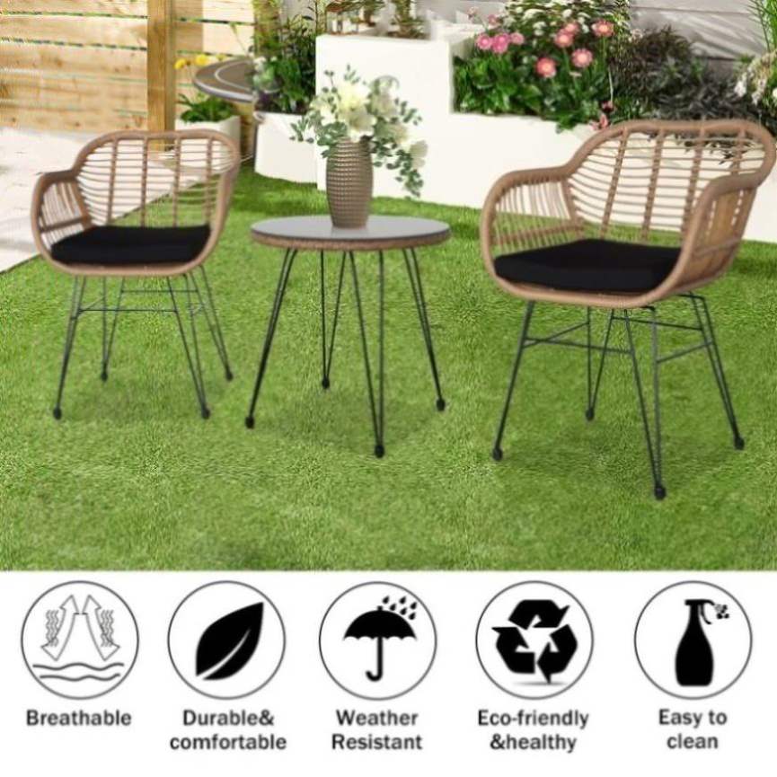 ZNTS Oshion 3 pcs Wicker Rattan Patio Conversation Set with Tempered Glass Table Flaxen Yellow 36303696