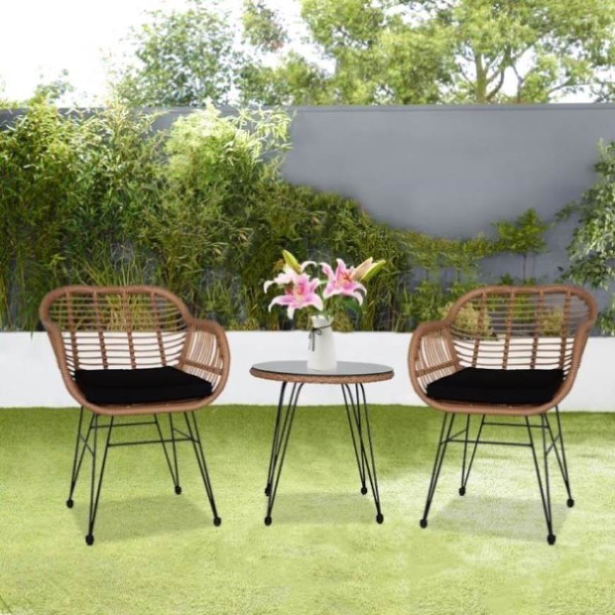 ZNTS Oshion 3 pcs Wicker Rattan Patio Conversation Set with Tempered Glass Table Flaxen Yellow 36303696