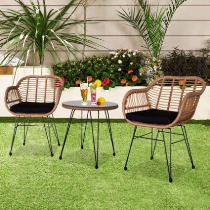 ZNTS Oshion 3 pcs Wicker Rattan Patio Conversation Set with Tempered Glass Table Flaxen Yellow 36303696