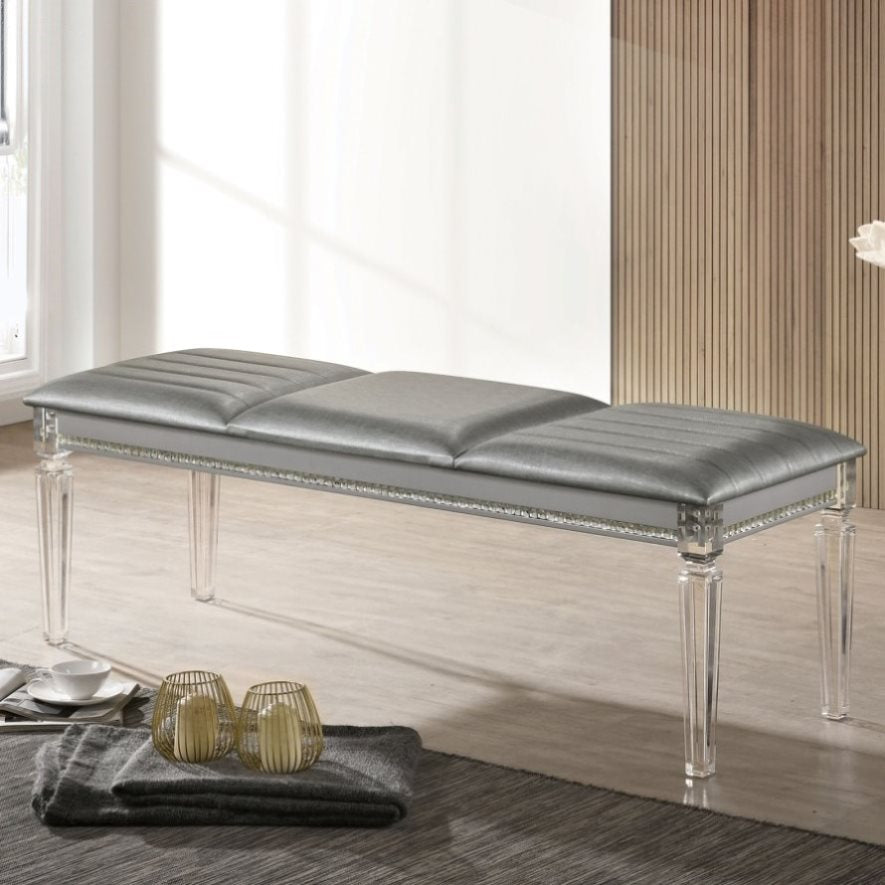 ZNTS Antique Classic Silver 1pc Bench Only Contemporary Solid wood Acrylic Legs Crystal And Mirror Accent B011P165670
