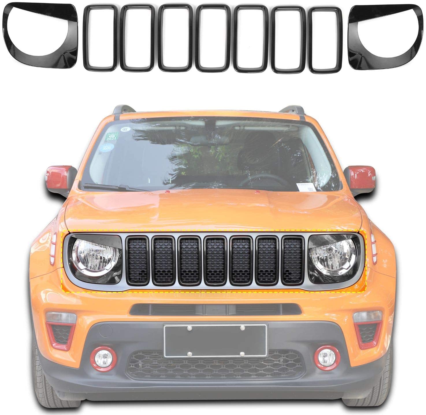 RT-TCZ Front Grill Inserts & Headlight Bezels Cover Trim for Jeep Renegade 2019+ (Black)