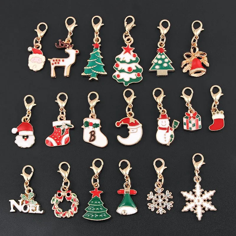 19pcs Mixed Colorful Enamel Christmas Keychains Lobster Buckle Clasp Charms Sock Snowflake Santa Claus Pendants Jewelry Fingings