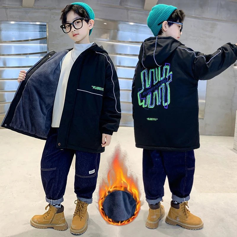 2023 New 4-14 Years Very Keep Warm Winter Boys Jacket Teenager Mid-Length Plus Velvet Thickening  Hooded Cotton Coat For Kids